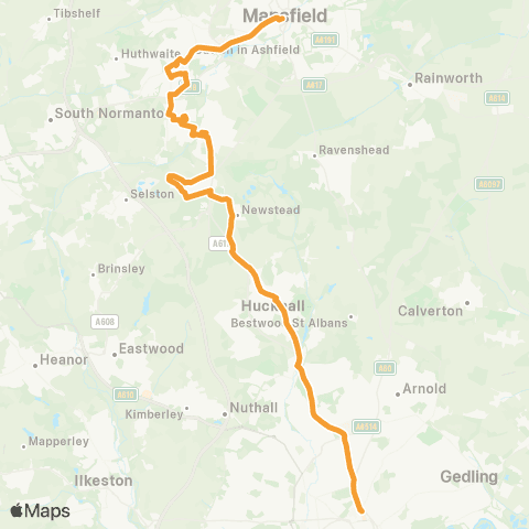 East Midlands Victoria Bus Sta - Mansfield Bus Sta map