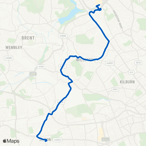 Metroline Travel Brent Cross Shopping Ctr - Acton Old Town Hall / Salisbury St map