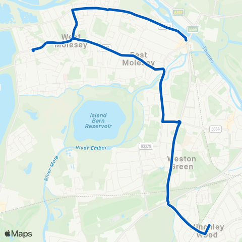 Reptons Coaches Weston Green Rd - Hampton Court Station map