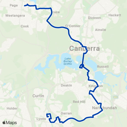 ACTION Woden to Belconnen via Kingston & City map
