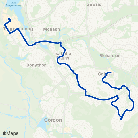 ACTION Calwell to Tuggeranong via Theodore & Isabella Plains map