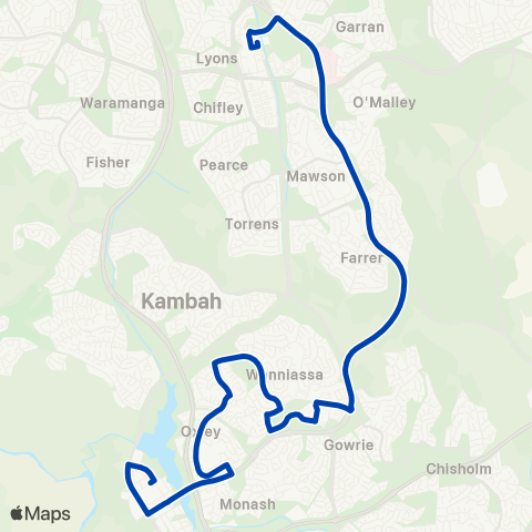 ACTION Woden to Tuggeranong via Erindale & Oxley map