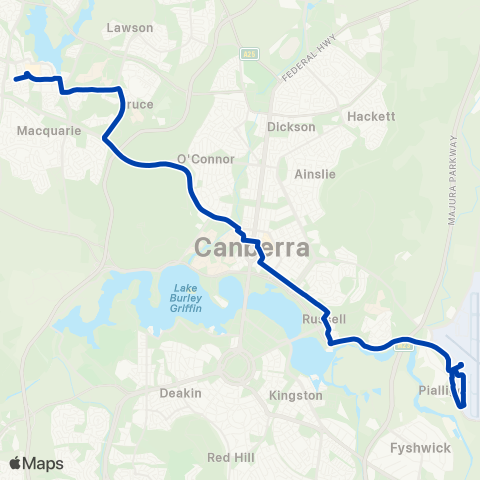 ACTION Belconnen to CBR Airport via City & Brindabella Pk map