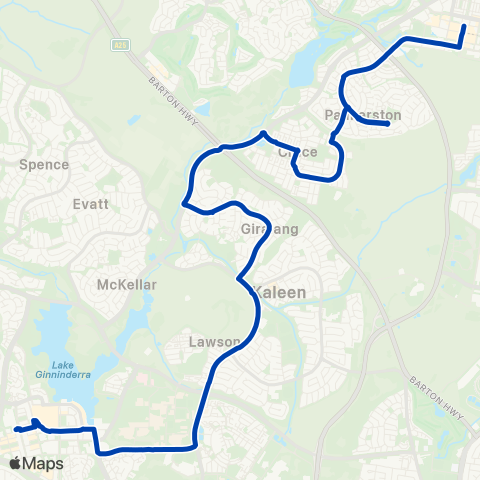 ACTION Gungahlin to Belconnen via Crace & Giralang map