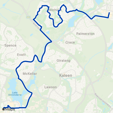 ACTION Belconnen to Gungahlin via McKellar & Nicholls map