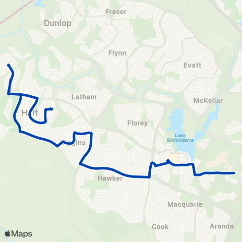 ACTION Belconnen to Kippax via Higgins & W Macgregor map