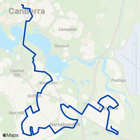 ACTION Fyshwick to City via Red Hill & Kingston map