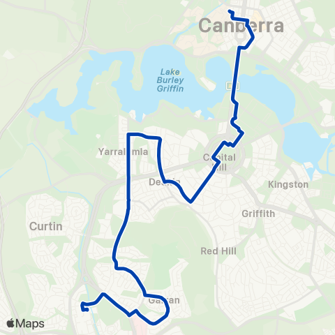 ACTION City to Woden via Yarralumla & Hughes map