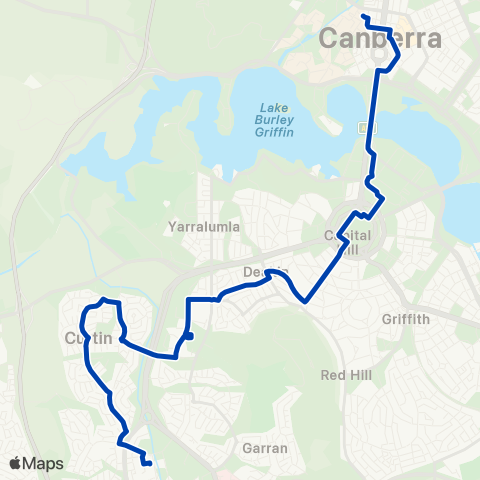 ACTION City to Woden via Deakin & Curtin map