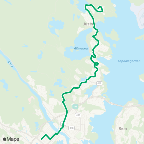 AKT - Agder kollektivtrafikk Kjos Haveby - Justvik map