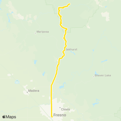 Gold Runner Thruway Bus Fresno - Yosemite Village map