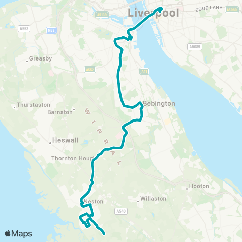 Arriva North West Ness Botanic Gardens - Hood Street map