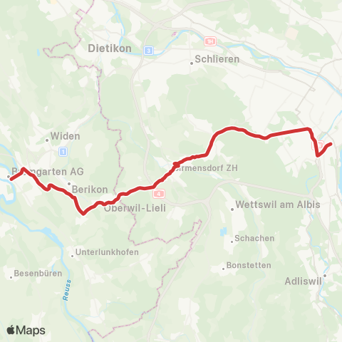 Aargau Verkehr Zürich Enge, Bahnhof/Bederstr. - Bremgarten AG, Obertorplatz map