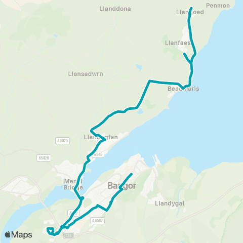 Arriva Wales Pont Y Rhyd - Bangor Bus Station Stand D map