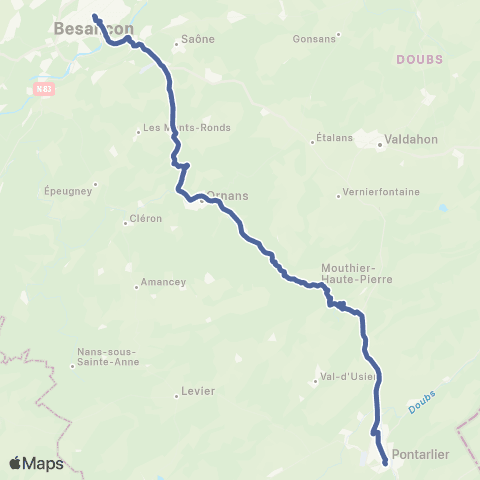 Mobigo 25 - Doubs Besançon - Pontarlier via Ornans map