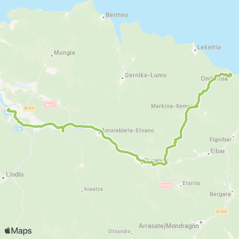 Bizkaibus Bilbao-Durango-Ondarroa (Autopista) map