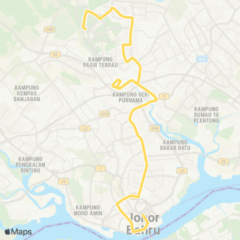 BAS.MY Johor Bahru JB Sentral - AEON Dato Onn via Setia Indah map