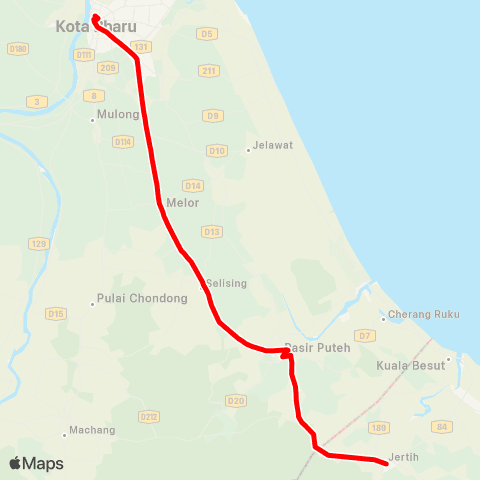BAS.MY Kota Bharu Kota Bharu - Jerteh via Pasir Puteh map