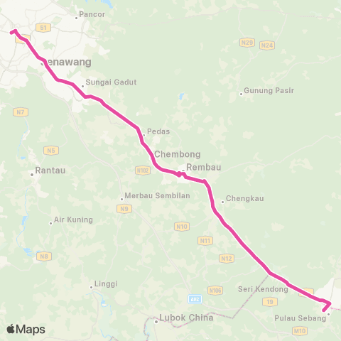 BAS.MY Seremban Terminal1 - Tampin via Senawang map