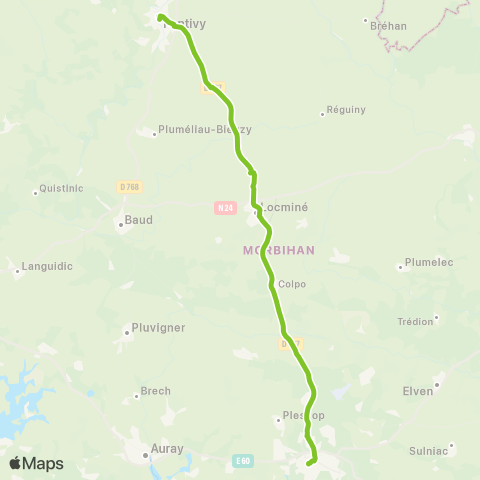 BreizhGo Car Saint-Brieuc - Vannes/Lorient St Brieuc - Loudéac - Pontivy - Locminé - Vannes map