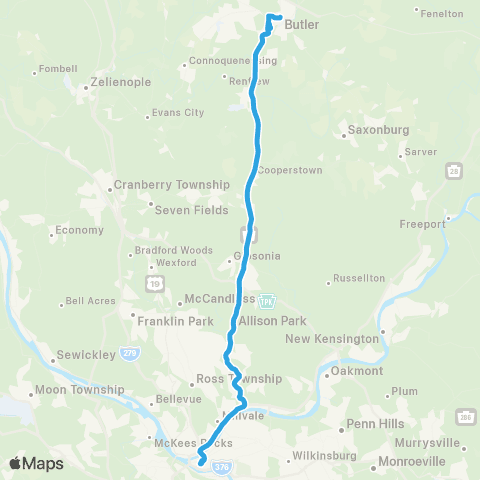Butler Transit Authority Com 21 - Butler To Pittsburgh Commuter R map