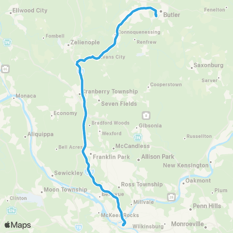 Butler Transit Authority Com 23 - Butler To Pittsburgh Commuter Rt map