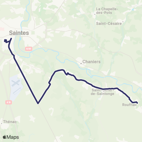 BUSS L07 (Heures Creuses) Rouffiac, St.Sever de Saintonge, Courcoury, les Gonds, Saintes >< Collège Quinet map