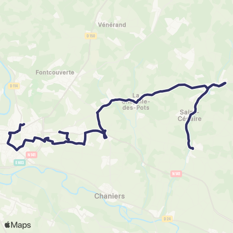 BUSS L13 (Heures Creuses) St.Sauvant, St.Cesaire, St.Bris des Bois, la Chapelle des Pots, Chaniers, Saintes >< Collège Agrippa d'Aubigne map