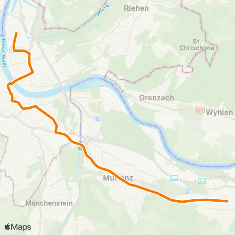 BVB - Basler Verkehrs-Betriebe Basel, Dreirosenbrücke - Pratteln, Schlossstrasse map