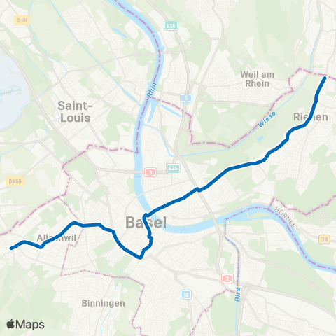 BVB - Basler Verkehrs-Betriebe Riehen, Grenze - Allschwil, Dorf map