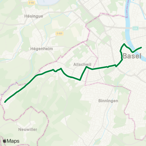 BVB - Basler Verkehrs-Betriebe Schönenbuch, Dorf - Basel, Schifflände map