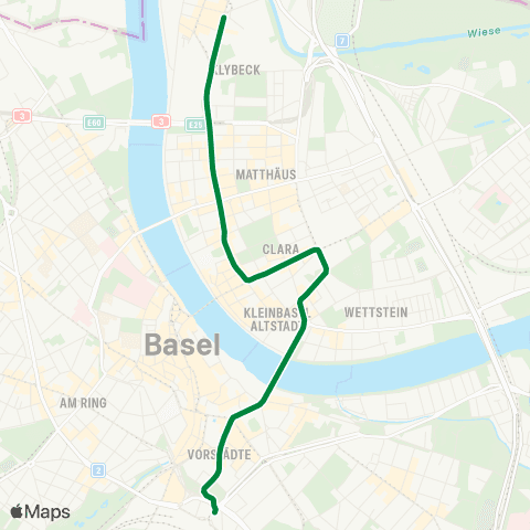 BVB - Basler Verkehrs-Betriebe Basel, Wiesenplatz - Basel, Bahnhof SBB map