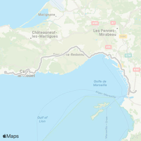 leCar Marseille Gare St Charles - Sausset les Pins Parking de la Gare (Par le Rove, Ensuès la Redonne et Carry le Rouet) map