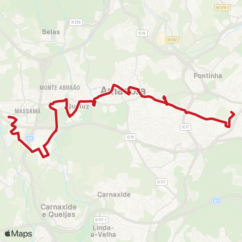 Carris Metropolitana Colégio Militar (Metro) - Massamá-Barcarena (Estação Sul) via Amadora Este (Metro) map