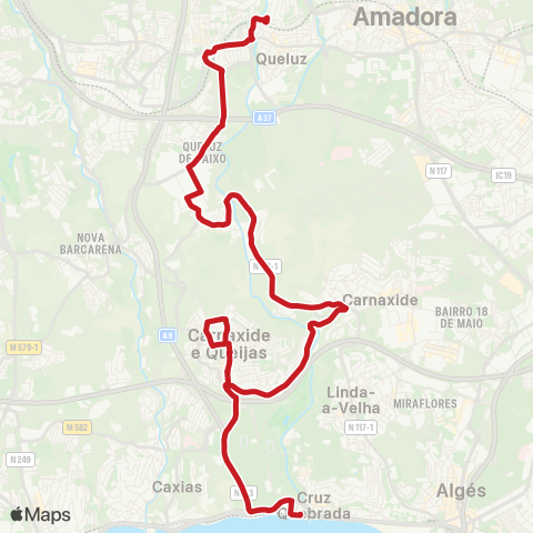 Carris Metropolitana Cruz Quebrada (Estação) - Queluz (Estação) map