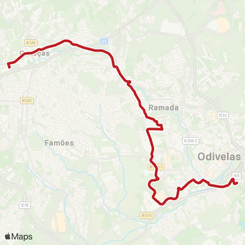 Carris Metropolitana Caneças (Escola Secundária) - Senhor Roubado (Metro) via Patameiras (Centro Comercial) map