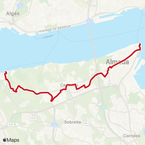 Carris Metropolitana Cacilhas (Terminal) - Trafaria (Terminal) map