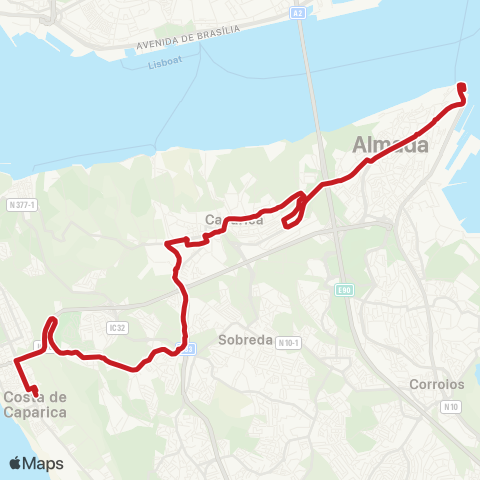 Carris Metropolitana Costa Da Caparica (Terminal) - Cacilhas (Terminal) map
