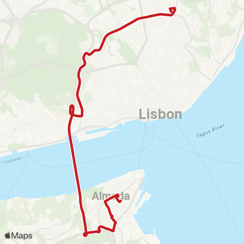 Carris Metropolitana Almada (Parque Urbano) - Lisboa (Areeiro) map