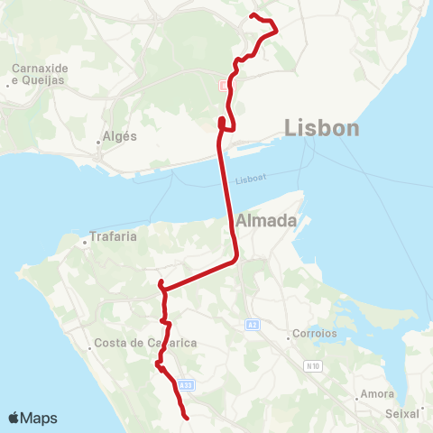 Carris Metropolitana Charneca De Caparica (Centro) - Lisboa (Sete Rios) map