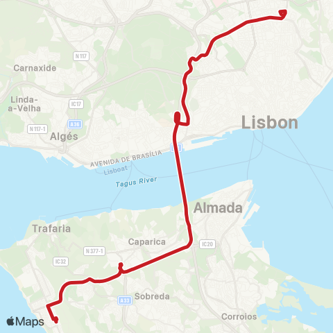 Carris Metropolitana Costa Da Caparica (Terminal) - Lisboa (Areeiro) map