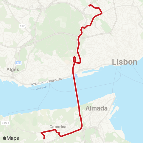 Carris Metropolitana Monte De Caparica (Fct) - Lisboa (Sete Rios) map