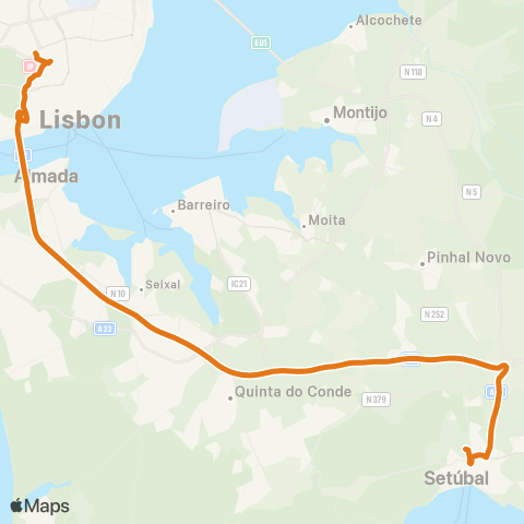 Carris Metropolitana Lisboa (Sete Rios) - Setúbal (Terminal Várzea) map