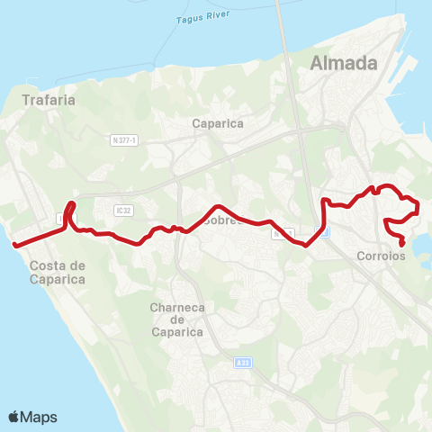 Carris Metropolitana Costa Da Caparica (Terminal) - Quinta Do Brasileiro map