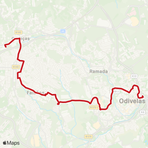 Carris Metropolitana Caneças (Esc. Secundária) - Odivelas (Metro) via Qta Das Pretas map