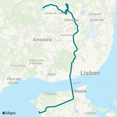 Carris Metropolitana Caneças (Escola Secundaria) - Costa Da Caparica map