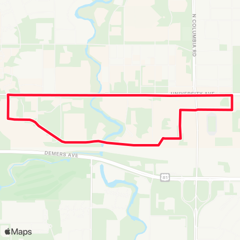 Cities Area Transit Clockwise to University Rd - Campus Rd map