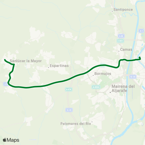 Junta de Andalucia M-166 Sanlúcar la Mayor - Sevilla (Directo Laborables) map