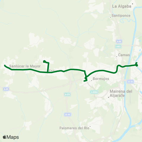 Junta de Andalucia M-166 Sanlúcar la Mayor - Sevilla (por Villanueva y Hptal Sab) map