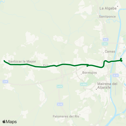 Junta de Andalucia M-166 Sanlúcar la Mayor - Sevilla (por a-49 Laborables) map